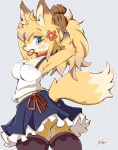  1girl adjusting_hair animal_ears ass bangs blonde_hair blue_eyes bracelet choker closed_mouth flower fox fox_ears fox_girl fox_tail furry hair_flower hair_ornament hair_tie_in_mouth jewelry looking_at_viewer moriguru77 mouth_hold nipples original ponytail simple_background skirt solo standing tail tank_top thigh-highs thong tying_hair upskirt white_background 