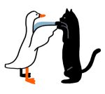  animal animal_focus bird black_cat cat eye_contact from_side goose hirasawa_minami looking_at_another lowres no_humans original profile simple_background white_background 
