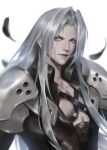  1boy absurdres armor bare_pecs black_feathers closed_mouth falling_feathers feathers final_fantasy final_fantasy_vii green_eyes grey_hair highres long_hair male_focus pauldrons platinalsh sephiroth shoulder_armor simple_background solo upper_body white_background 