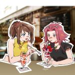  203wolves 2girls :d black_shirt blue_eyes blurry blurry_background blush brown_eyes brown_hair choker eating hair_intakes hair_ornament hair_scrunchie hairpin holding holding_spoon izayoi_aki jewelry long_hair mazaki_anzu multiple_girls open_mouth parfait pendant red_choker red_scrunchie redhead scrunchie shiny shiny_hair shirt sidelocks signature sitting sketch sleeveless sleeveless_shirt smile spoon tied_hair upper_body yellow_shirt yu-gi-oh! yu-gi-oh!_5d&#039;s yu-gi-oh!_duel_monsters 