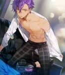  1boy abs alcohol arm_support barefoot belt black_belt black_pants collarbone collared_shirt commentary_request couch cup dark_skin dark_skinned_male dress_shirt drinking_glass ensemble_stars! long_sleeves looking_at_viewer male_focus navel neckwear_removed open_clothes open_shirt otogari_adonis pants plaid plaid_pants purple_hair school_uniform shirt shirt_lift sitting solo standing standing_on_one_leg sukja toned toned_male white_shirt wine wine_glass yellow_eyes yumenosaki_school_uniform 
