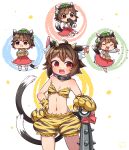  1girl :3 ahoge alternate_costume animal_ear_fluff animal_ears animal_print beans bikini bikini_top brown_hair cat_ears cat_tail chen club collar commentary_request cowboy_shot eating ehoumaki fang food gloves highres horns ibaraki_natou jewelry long_sleeves looking_at_viewer makizushi mamemaki masu multiple_tails multiple_views navel oni_costume oni_horns open_mouth paw_gloves paws red_eyes red_skirt red_vest setsubun shirt short_hair shorts simple_background single_earring skirt spiked_club spiked_collar spikes standing sushi swimsuit tail thick_eyebrows tiger_print tiger_stripes touhou vest weapon white_background white_shirt yellow_shorts 