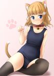  1girl animal_ear_fluff animal_ears bangs bare_arms bare_shoulders bell bell_collar black_legwear black_swimsuit blonde_hair blue_eyes blunt_bangs blush cat_ears cat_girl cat_tail closed_mouth collar collarbone commentary_request eyebrows_visible_through_hair feet_out_of_frame hair_ornament hairclip hand_up highres jingle_bell old_school_swimsuit original paw_hair_ornament paw_pose pink_background red_collar school_swimsuit shadow shibacha smile solo swimsuit tail thigh-highs 
