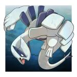  border commentary_request fangs full_body gen_2_pokemon grey_eyes highres legendary_pokemon looking_to_the_side lugia no_humans open_mouth outside_border pokemon pokemon_(creature) shuga_(mhwii) solo toes tongue white_border 