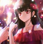  1girl 1other bangs bare_shoulders blunt_bangs blush collarbone commentary_request cup dangan_ronpa_(series) dangan_ronpa_10th_anniversary_costume dangan_ronpa_v3:_killing_harmony dress flower frown hair_flower hair_ornament hand_up harukawa_maki highres holding holding_cup long_hair mole mole_under_eye red_dress red_eyes red_flower solo_focus visket53 