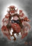  1girl bespectacled bird_legs breasts brown_feathers brown_hair commentary_request feathered_wings feathers glasses glowing glowing_eyes harpy komorebi_fox large_breasts midriff monster_girl monster_girl_encyclopedia multicolored_hair neck_ruff owl_mage_(monster_girl_encyclopedia) round_eyewear solo talons taut_clothes two-tone_hair white_feathers white_hair winged_arms wings yellow_eyes 