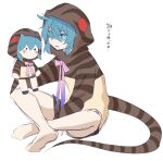  1girl bare_legs barefoot blue_eyes blue_hair character_doll commentary_request eyebrows_visible_through_hair gradient_neckwear highres hood hoodie isobee kemono_friends long_sleeves neck_ribbon pink_neckwear print_hoodie purple_neckwear ribbon short_hair snake_print snake_tail sweatdrop tail translation_request tsuchinoko_(kemono_friends) 