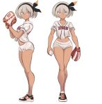  1girl baseball baseball_mitt baseball_uniform bea_(pokemon) blue_eyes commentary dark_skin highres looking_at_viewer multiple_views pokemon pokemon_(game) pokemon_swsh rakeem_garcia-cueto short_hair short_shorts shorts silver_hair simple_background sportswear thighs 