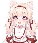  1girl amai_hiyo amai_hiyo_channel animal_ears blush cat_ears cat_tail commentary_request hair_between_eyes hair_ornament highres indie_virtual_youtuber konnyaku_(kohoshien) long_hair looking_at_viewer low_twintails messy_hair open_mouth platinum_blonde_hair portrait simple_background solo tail twintails violet_eyes virtual_youtuber white_background 