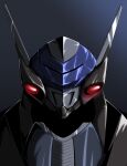  1990s_(style) blue_background chinese_commentary highres jiaohougen looking_ahead mecha no_humans portrait retro_artstyle science_fiction shiny solo super_robot_wars super_robot_wars_t tyranado visor 