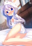  1girl animal_hood ass bangs bare_legs blue_eyes blue_hair blurry blurry_background blush chinomaron commentary_request depth_of_field eyebrows_visible_through_hair feet_out_of_frame gochuumon_wa_usagi_desu_ka? hair_between_eyes hair_ornament highres hood hood_up hooded_jacket indoors jacket kafuu_chino long_hair long_sleeves looking_at_viewer looking_back nose_blush on_bed panties signature sleeves_past_wrists solo striped striped_panties underwear very_long_hair white_jacket window x_hair_ornament 