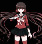  1girl 8takenokonosato8 bangs black_background black_skirt blunt_bangs brown_hair closed_mouth cowboy_shot dangan_ronpa_(series) dangan_ronpa_v3:_killing_harmony floating_hair hair_ornament hair_scrunchie harukawa_maki holding holding_knife holding_weapon knife long_hair long_sleeves looking_at_viewer low_twintails miniskirt mole mole_under_eye plaid plaid_skirt pleated_skirt red_eyes red_legwear red_scrunchie red_shirt school_uniform scrunchie serafuku serious shirt simple_background skirt solo standing thigh-highs twintails very_long_hair weapon zettai_ryouiki 