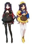  2girls bikini black_dress black_hair dress fate/grand_order fate_(series) highres horns ishtar_(fate)_(all) maid maid_bikini maid_headdress multiple_girls one_eye_closed red_eyes redhead smile space_ishtar_(fate) swimsuit thigh-highs thighs tohsaka_rin twintails two_side_up yd_(orange_maru) yellow_dress 