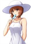  1girl arm_behind_back bangs brown_eyes brown_hair commentary dress eyebrows_visible_through_hair food food_in_mouth girls_und_panzer hat highres holding holding_food looking_at_viewer nishizumi_miho omachi_(slabco) open_mouth popsicle short_hair simple_background solo spaghetti_strap standing sun_hat sundress upper_body white_background white_headwear 