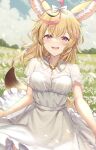  1girl :d ahoge animal_ear_fluff animal_ears blonde_hair blue_sky blush bow breasts casual clouds dress field flower flower_field fox_ears fox_tail hair_bow heart heart-shaped_pupils highres hololive horizon ks_(xephyrks) omaru_polka open_mouth sky smile symbol-shaped_pupils tail violet_eyes virtual_youtuber 