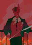  1boy abs black_jacket black_neckwear black_pants broken_horn brown_hair burnt_clothes cigarette collared_shirt colored_skin demon_boy fire highres horns jacket long_sleeves looking_at_viewer male_focus navel necktie original pants parted_lips quruiqing red_skin red_sky red_theme shirt short_hair sky smile smoke solo white_shirt 