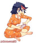  1girl animal_print black_hair blue_eyes blush bunny_print controller crossed_legs eating feet food food_in_mouth highlights holding holding_controller kill_la_kill matoi_ryuuko multicolored_hair pajamas pizza redhead rtil short_hair sitting soles solo streaked_hair two-tone_hair 