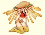  1girl artist_name brown_shorts food french_fries hamburger hand_up highres holding holding_food hot_dog looking_at_viewer midriff navel open_mouth original oxcoxa red_shirt shadow shirt shorts simple_background sleeveless sleeveless_shirt solo thigh-highs yellow_background yellow_legwear 