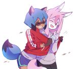  2girls ;d ^_^ animal_ears black_hair blue_hair blue_shorts body_fur brand_new_animal clenched_teeth closed_eyes dolphin_shorts fox_ears fox_girl fox_tail furry grey_hoodie grey_jacket grin hair_between_eyes hiwatashi_nazuna hood hoodie hoyon hug hug_from_behind jacket kagemori_michiru long_hair long_sleeves multicolored_hair multiple_girls one_eye_closed open_mouth pink_hair raccoon_ears raccoon_girl raccoon_tail red_eyes red_jacket shared_jacket short_hair shorts simple_background smile tail teeth track_jacket two-tone_hair white_background 