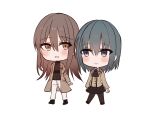  2girls :d ascot bangs black_footwear black_legwear black_neckwear black_skirt black_sweater blue_eyes blue_hair blush borrowed_character breasts brown_eyes brown_hair brown_jacket chibi chihuri closed_mouth collared_shirt eyebrows_visible_through_hair grey_shirt hair_between_eyes highres jacket jewelry long_hair long_sleeves looking_at_viewer medium_breasts multiple_girls open_clothes open_jacket open_mouth original pants pantyhose pendant ribbed_sweater shirt shoes simple_background skirt smile standing sweater turtleneck turtleneck_sweater very_long_hair white_background white_pants 