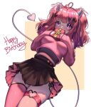  1girl black_skirt breasts bright_pupils bsapricot demon_tail english_commentary gift hair_ornament happy_birthday heart heart_hair_ornament heart_ring highres holding holding_gift horns ironmouse looking_down medium_breasts multicolored_hair pink_hair pink_nails pink_sweater purple_hair single_thighhigh skirt solo streaked_hair sweater tail thigh-highs thigh_strap two_side_up violet_eyes virtual_youtuber vshojo white_background white_pupils zettai_ryouiki 