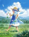  1girl barefoot blue_dress blue_hair cirno dress fjsmu flower from_side full_body hat highres ice ice_wings plant profile solo sunflower tanned_cirno touhou vines walking wings yellow_flower 