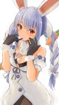  1girl absurdres animal_ear_fluff animal_ears arms_up bare_shoulders black_bra black_gloves blue_hair blush bra braid brown_legwear carrot_hair_ornament cowboy_shot detached_sleeves don-chan_(usada_pekora) dress food_themed_hair_ornament fur-trimmed_gloves fur_trim gloves hair_between_eyes hair_ornament hands_on_own_face head_tilt highres hololive looking_at_viewer multicolored_hair pantyhose puffy_short_sleeves puffy_sleeves rabbit_ears red_eyes short_sleeves simple_background smile solo standing thick_eyebrows twin_braids two-tone_hair underwear usada_pekora virtual_youtuber white_background white_dress white_hair yamabukiiro_(browncat) 