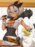  1girl bangs bea_(pokemon) black_bodysuit blush bodysuit bodysuit_under_clothes bow_hairband breasts brown_hairband closed_mouth collared_shirt commentary_request covered_navel dark_skin dark-skinned_female dynamax_band eyelashes gen_8_pokemon gloves grey_eyes grey_hair gym_leader hair_between_eyes hairband highres holding holding_weapon horns indoors katwo oni partially_fingerless_gloves pokemon pokemon_(creature) pokemon_(game) pokemon_swsh print_shirt setsubun shirt short_hair short_sleeves shorts side_slit side_slit_shorts single_glove sirfetch&#039;d tied_shirt weapon 