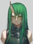 1girl aoki_(fumomo) arknights armor black_shirt breastplate closed_mouth commentary_request green_hair grey_background hair_between_eyes horns hoshiguma_(arknights) light_smile lips long_hair looking_at_viewer oni_horns shirt simple_background single_horn sleeveless sleeveless_shirt solo straight_hair turtleneck upper_body yellow_eyes 