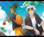  2boys :q backpack bag black_shirt bracelet clouds commentary_request dark_skin dark_skinned_male day green_hair guzma_(pokemon) hair_ornament hau_(pokemon) holding holding_poke_ball hood hoodie jewelry lens_flare male_focus multiple_boys open_clothes open_hoodie orange_bag orange_shorts outdoors palm_tree parted_lips poke_ball poke_ball_(basic) pokemon pokemon_(game) pokemon_sm sewenan shirt short_sleeves shorts sky smile standing stretch tongue tongue_out tree 