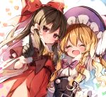  2girls alternate_costume arm_around_waist black_gloves black_headwear blonde_hair blush bow bowtie braid brown_hair closed_eyes commentary_request fur-trimmed_gloves fur_collar fur_trim gloves hair_between_eyes hair_bow hair_tubes hakurei_reimu hand_on_another&#039;s_hip hat heart index_finger_raised kirisame_marisa long_hair long_sleeves looking_at_viewer multiple_girls open_mouth pink_neckwear piyokichi pom_pom_(clothes) red_bow shirt single_braid smile touhou upper_body white_shirt witch_hat yellow_neckwear 