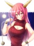  1girl bangs bare_arms bare_shoulders blush breasts chain cleavage_cutout clothing_cutout commentary_request cuffs hair_between_eyes hair_tousle hand_on_hip highres horns ibaraki_kasen large_breasts long_hair looking_at_viewer meme_attire open-chest_sweater osashin_(osada) pink_hair red_eyes red_sweater ribbed_sweater shackles sleeveless_sweater smile solo sweater touhou turtleneck turtleneck_sweater upper_body 