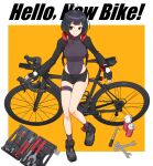  1girl absurdres arukiru bangs bicycle black_footwear black_gloves black_hair black_hairband black_jacket black_legwear black_leotard black_skirt breasts covered_navel english_text fingerless_gloves gloves ground_vehicle hairband highres jacket large_breasts leotard leotard_under_clothes long_sleeves looking_at_viewer original red_eyes shoes short_hair side_slit skirt smile socks solo standing wide_shot wrench 