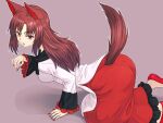  1girl all_fours animal_ear_fluff animal_ears bangs breasts brown_hair brown_tail dress eyebrows_visible_through_hair fingernails frilled_dress frilled_sleeves frills from_side grey_background imaizumi_kagerou kakone long_fingernails long_hair long_sleeves medium_breasts multicolored multicolored_clothes multicolored_dress open_mouth red_dress red_eyes red_footwear red_nails simple_background solo tail touhou two-tone_dress white_dress wolf_ears wolf_tail 