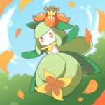  blurry clouds commentary_request day from_below full_body gen_5_pokemon lilligant lins_(kagekusa) no_humans orange_eyes outdoors outstretched_arms petals pokemon pokemon_(creature) sky solo 