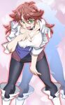  1girl bent_over boots breasts cleavage_cutout clothing_cutout collarbone eyebrows_visible_through_hair fang green_eyes hair_between_eyes holding holding_clothes holding_shirt jacket large_breasts leggings long_hair onnaski open_mouth redhead sakurai_sagiri shirt solo super_robot_wars super_robot_wars_t white_footwear white_jacket 