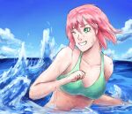  1girl bandai_namco bikini bikini_top blue_sky chu0403 clenched_teeth clouds cute green_bikini green_bikini_top haruno_sakura lowres naruto naruto_(series) naruto_shippuuden ocean one_eye_closed outdoors partially_submerged shueisha sky smile solo splash splashing studio_pierrot swimming swimsuit water waves wet wink 