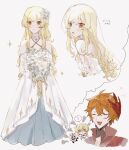  1boy 2girls ? bangs bare_shoulders blonde_hair blush bouquet breasts bridal_veil cape closed_eyes closed_mouth detached_sleeves dress eyebrows_visible_through_hair flower genshin_impact hair_between_eyes hair_flower hair_ornament halo highres holding holding_bouquet jewelry long_hair long_sleeves looking_at_viewer lumine_(genshin_impact) mask mask_on_head multiple_girls open_mouth orange_hair paimon_(genshin_impact) scarf short_hair simple_background single_earring smile sparkle speech_bubble sweatdrop tartaglia_(genshin_impact) veil wedding_dress white_background white_dress white_flower white_hair yellow_eyes ym_x74 