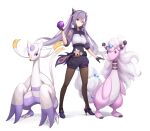  1girl alternate_costume ampharos black_legwear breasts double_bun gen_2_pokemon gen_5_pokemon genshin_impact gloves hair_bun high_heels holding holding_poke_ball jacket keqing_(genshin_impact) looking_at_viewer mienshao pantyhose poke_ball pokemon purple_hair shorts simple_background smile solo spica_(starlitworks) standing track_jacket twintails violet_eyes white_background 