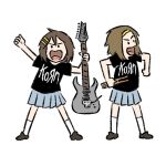  2girls :d black_shirt blue_skirt brown_footwear brown_hair character_request clothes_writing drumsticks electric_guitar full_body guitar hair_ornament hairband hairclip holding holding_instrument instrument k-on! legs_apart looking_at_viewer multiple_girls open_mouth pleated_skirt shirt short_hair short_sleeves simple_background skirt smile socks standing truffleduster white_background white_legwear yellow_hairband 