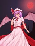  1girl ascot bangs bat_wings breasts collared_shirt cowboy_shot eyebrows_visible_through_hair frilled_ascot frills full_moon hair_between_eyes hat hat_ribbon highres kakone looking_at_viewer mob_cap moon night night_sky open_mouth outdoors petticoat purple_hair red_eyes red_moon red_neckwear red_ribbon ribbon shirt short_sleeves skirt sky small_breasts smile solo standing touhou white_headwear white_shirt white_skirt wings 