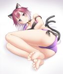  1girl :3 animal_ears ass bangs bell blush brown_hair cat_ears cat_tail cementite closed_mouth feet full_body gradient highres jingle_bell looking_at_viewer lying multiple_tails neck_bell nekomata on_side panties princess_connect! purple_panties short_hair soles solo tail tamaki_(princess_connect!) toes underwear white_background white_hair 