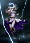  1girl armlet artmong belt breasts breasts_apart character_name crown dress floating floating_hair full_body genderswap genderswap_(mtf) greek_mythology grey_hair highres jewelry lightning_bolt long_hair looking_at_viewer navel ring smile solo white_dress white_footwear zeus 