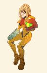 1girl arm_cannon blonde_hair blue_eyes full_body hair_between_eyes headwear_removed helmet helmet_removed highres holding holding_helmet long_hair looking_at_viewer metroid oxcoxa ponytail samus_aran signature simple_background solo varia_suit weapon yellow_background 