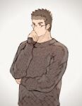  1boy alternate_costume black_hair black_sweater brown_hair casual chataro1412 glasses hand_on_own_chin looking_to_the_side male_focus rimless_eyewear shiro_(tokyo_houkago_summoners) short_hair solo sweater thick_eyebrows thinking tokyo_houkago_summoners upper_body 