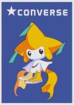  absurdres blue_background border closed_mouth commentary_request converse film_grain full_body gen_3_pokemon highres jirachi looking_at_viewer mythical_pokemon no_humans orange_footwear outstretched_arms pokemon pokemon_(creature) saiku_(zvlku) shoes solo white_border 