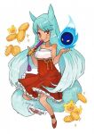  1girl artist_request blue_hair cookie_run dress fox_girl humanization kumiho_cookie multicolored_hair personification red_eyes sleeveless sleeveless_dress solo source_request 