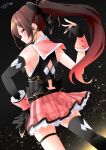  .live absurdres alternate_costume alternate_hairstyle bow brown_hair detached_sleeves earrings gashitani gloves hair_bow highres jewelry lights looking_at_viewer looking_back microphone ponytail red_eyes single_glove single_thighhigh sleeveless stage thigh-highs virtual_youtuber yaezawa_natori 
