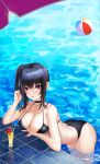  1girl absurdres alternate_costume artist_request ass azur_lane ball beachball bikini black_bikini black_choker breasts choker glass hair_between_eyes hand_in_hair highres large_breasts leaning_forward long_hair looking_at_viewer poolside red_eyes side_ponytail solo string_bikini swimsuit taihou_(azur_lane) water wet 