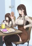  2girls artist_name black_legwear blue_background blush bow bowtie breasts brown_hair brown_neckwear brown_skirt chair collared_shirt commentary doughnut drink drinking_straw eating english_text eyebrows_visible_through_hair eyelashes food hair_ornament hairclip hand_on_hip highres holding holding_food ice ice_cube jun_(seojh1029) large_breasts legs_together long_hair long_sleeves looking_at_another miniskirt multiple_girls open_mouth orange_eyes original shirt signature simple_background sitting skirt speech_bubble sprinkles straight_hair striped striped_background suspender_skirt suspenders table thigh-highs thighs tray two-tone_background white_shirt wing_collar zettai_ryouiki 